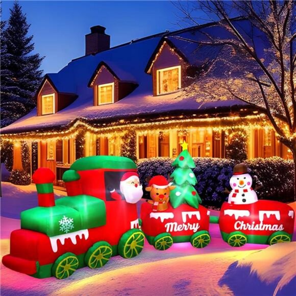 10.7 FT Christmas Inflatables Train with Santa Claus Reindeer Snowman Christmas